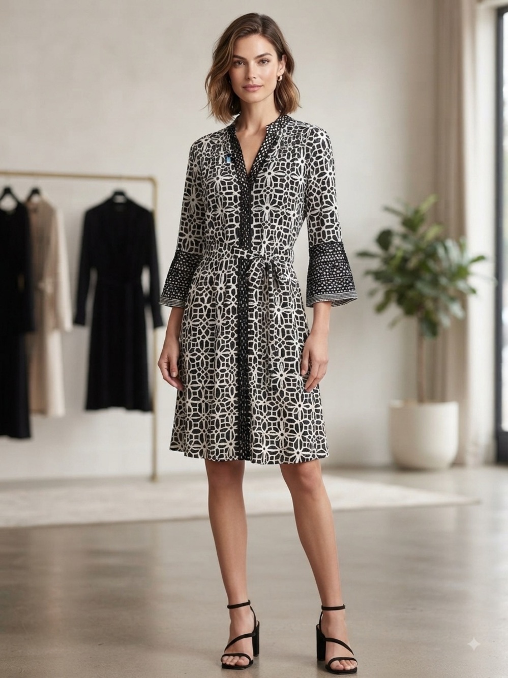 Tacera Black and White Printed Tie-Waist Midi Dress